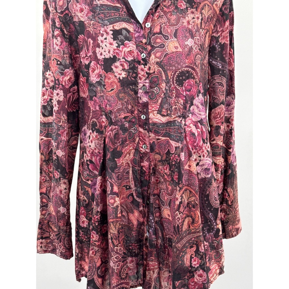 Cino Womens Medium Pink Purple Paisley Floral Crinkle Button Down Tunic Blouse - Picture 3 of 11